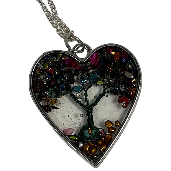 Multicolored Quartz Gemstone Tree of Life Necklace on Silver Metal Chain NEW - Picture 1 of 12